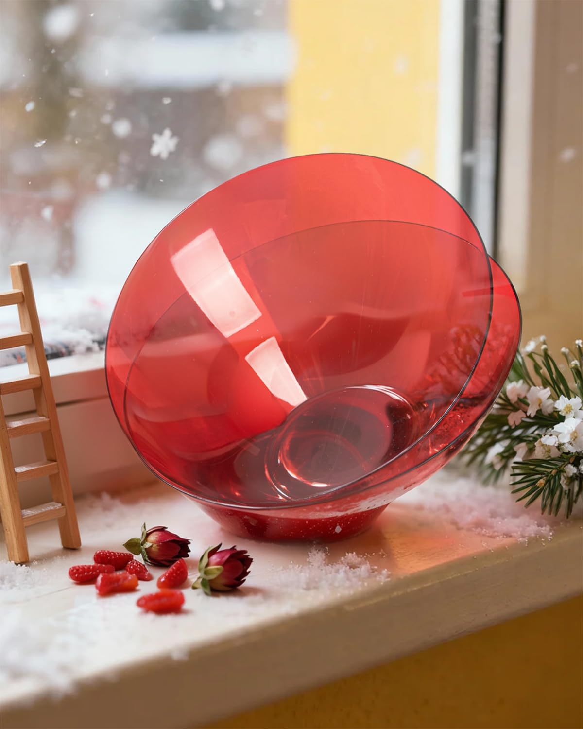 bUCLA 12 Pack Clear Red Plastic Serving Bowls - 54 OZ Christmas Angled Serving Bowls Disposable for Chip, Candy, Salad & Fruit - Ideal for X’mas Party