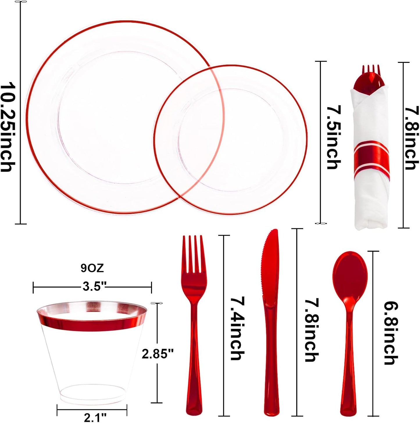 SUT 175 Pcs Red and Clear Plastic Dinnerware Set for 25 Guests, Include: 25 Dinner Plates, 25 Dessert Plates, 25 Pre Rolled Napkins With Silverware, 25 Cups, Disposable Plates for Party, Christmas