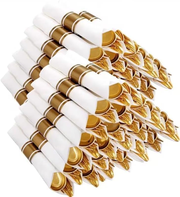 400PCS Pre Rolled Gold Plastic Silverware Sets - Heavy Duty Gold Cutlery - Include 100 Pack Wrapped Disposable Utensils with Napkins for Parties, Dinners & Weddings