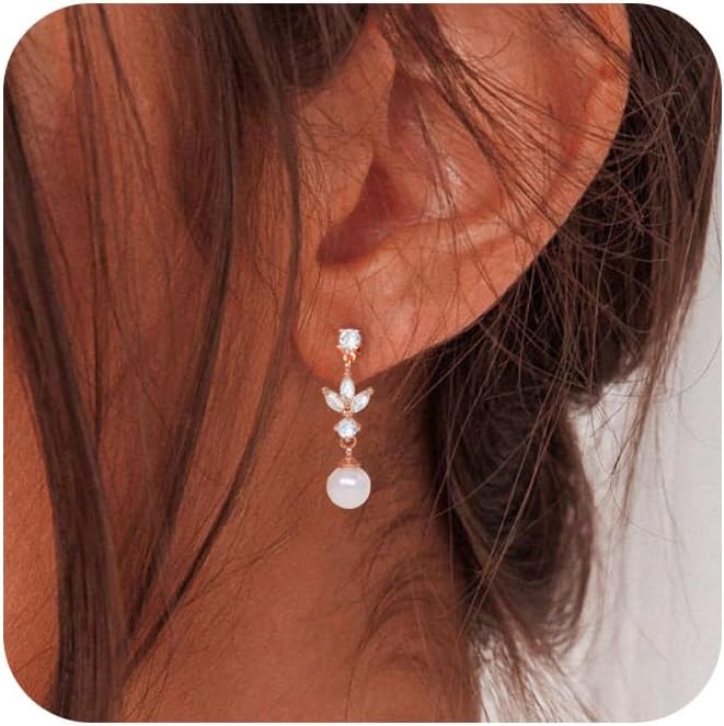 SELSHE Dangle Earrings for Women, 14k Gold Plated Pearl Drop Earring Dainty Gold Earrings for Women Trendy Cute Prom Bridal Earring Long Wedding Pearl Earring Formal Jewelry