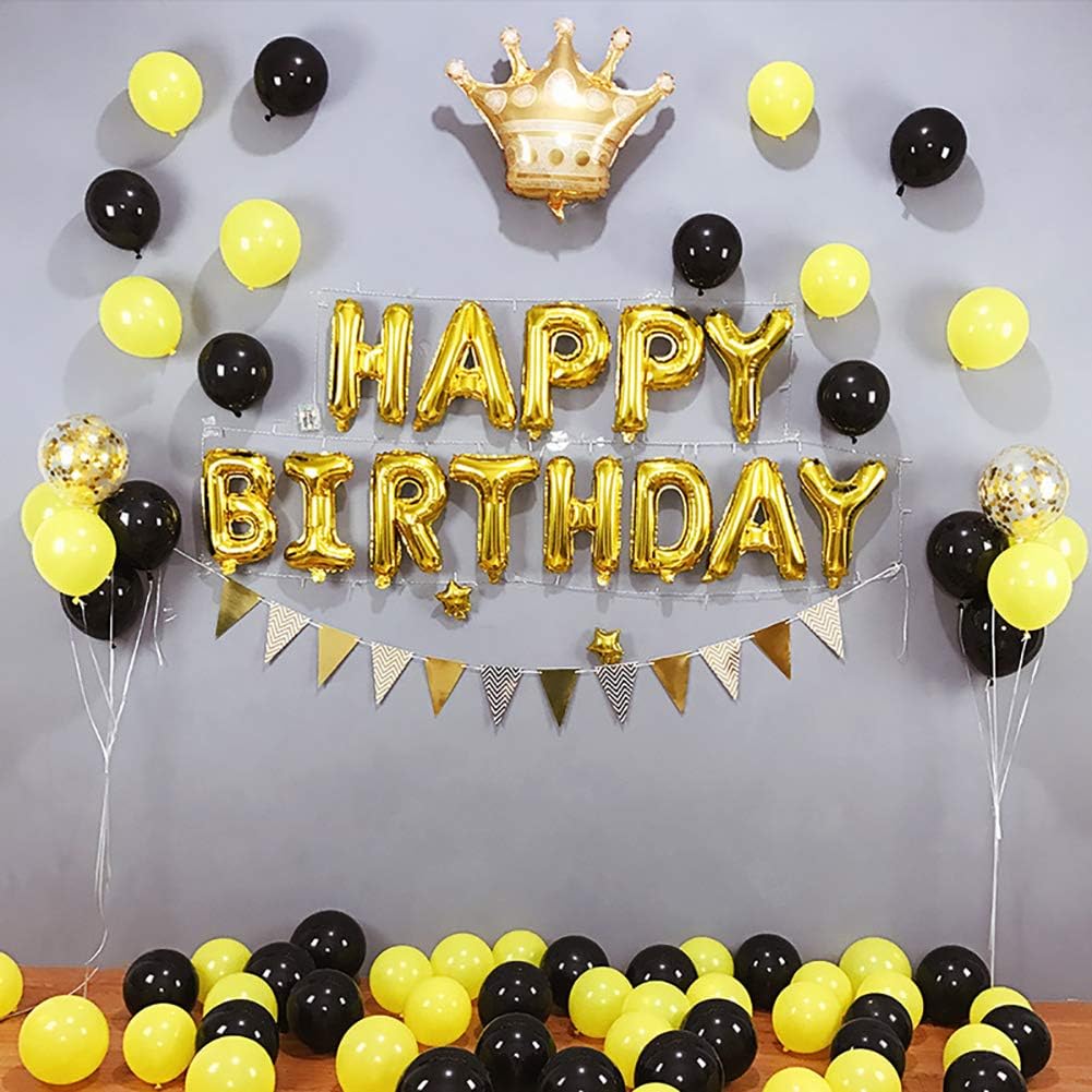 KALOR Gold Black Happy Birthday Balloons Kit with16 Inch Mylar Foil Letters Balloon and Star Balloons for Women, Men, Boys & Girls Kids Birthday Decorations Photo Backdrop