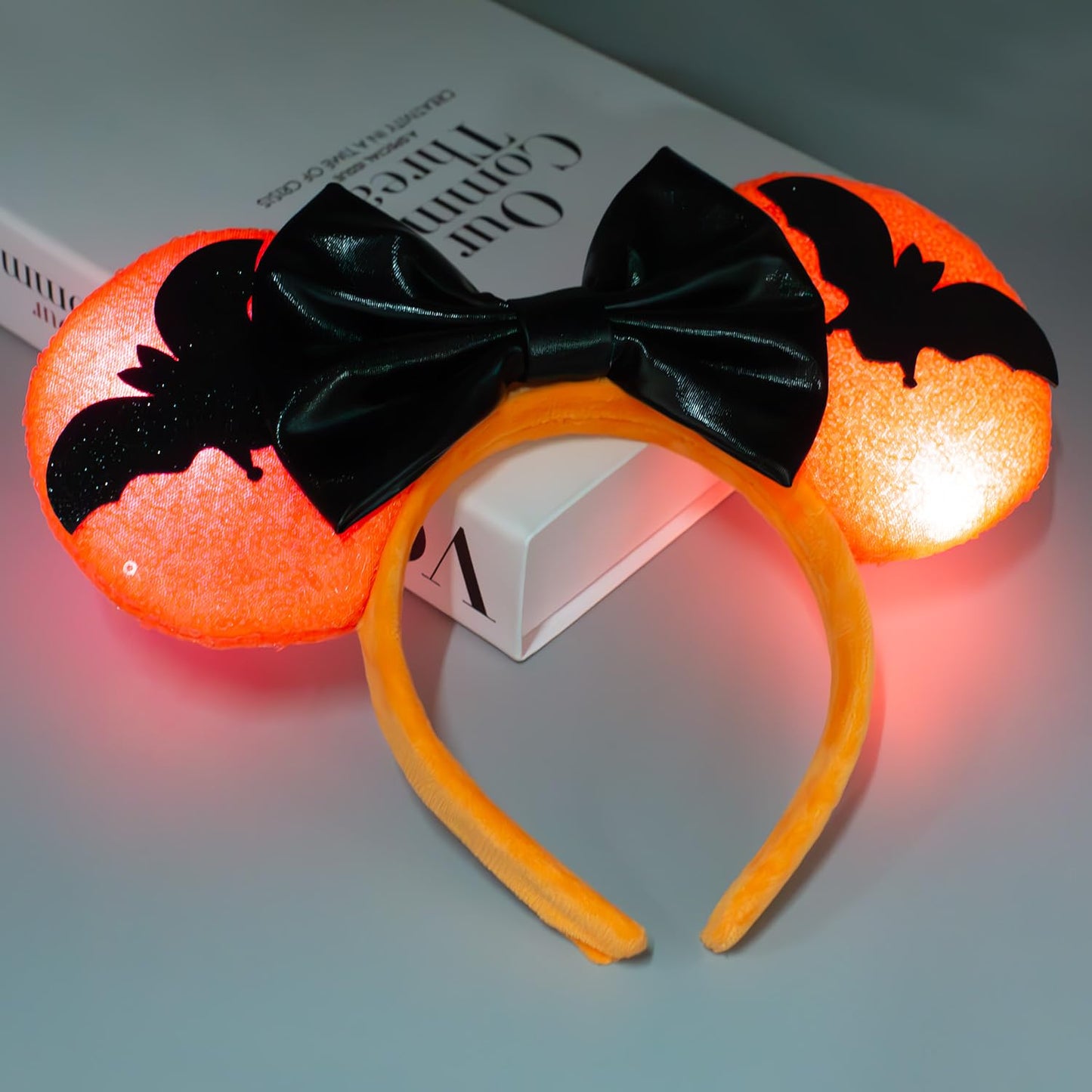 Halloween LED Mouse Ear Headband with Bats, Light Up Sequin Bow Hairband, Flashing Glowing Party Decoration Headwear Hair Accessories for Women Girls