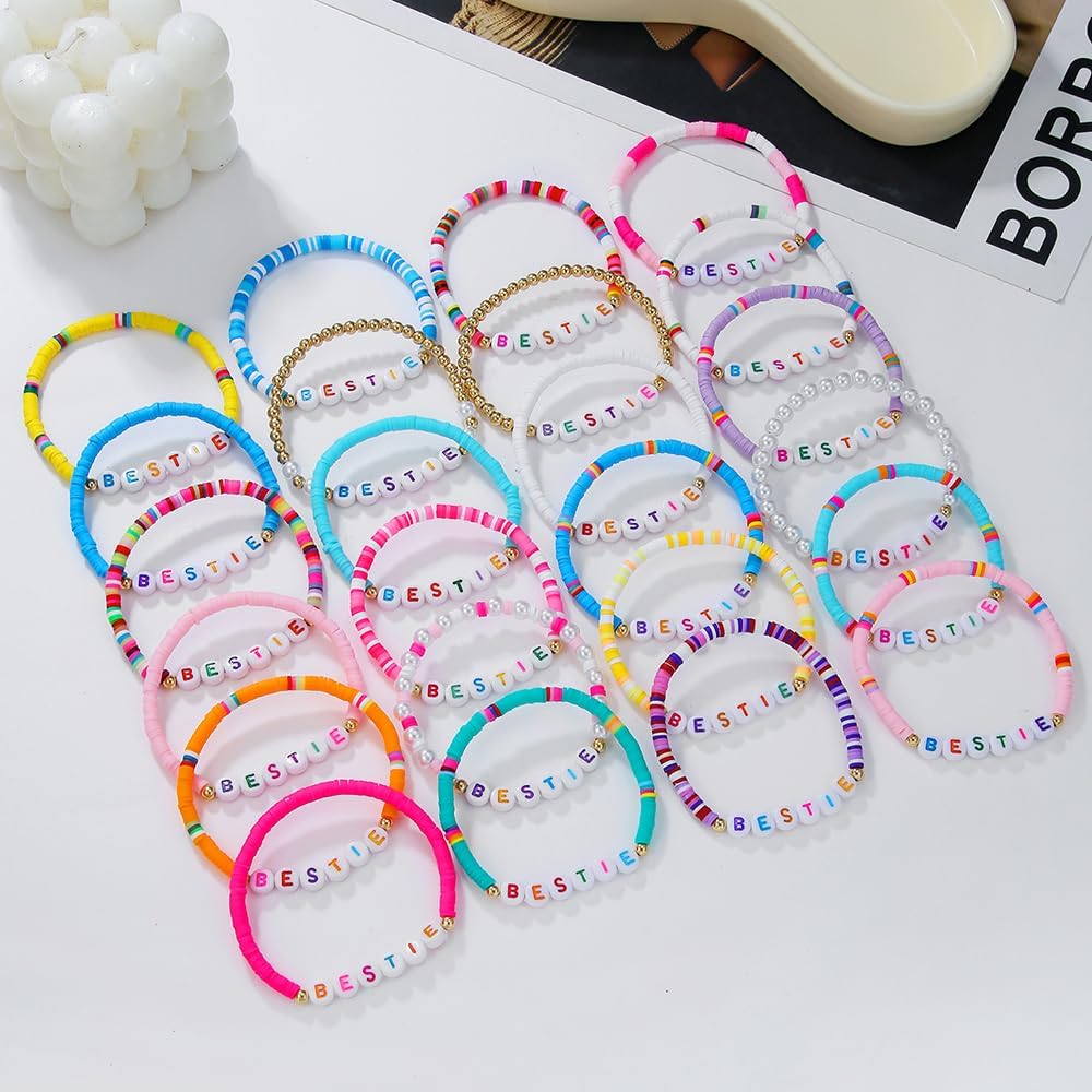 Heishi Surfer Clay Bead Bracelets Set for Women - Preppy Smile Evil Eye Beaded Stretch Bracelets Elastic Layering Friendship Bracelets- Stackable Boho Disc Summer Jewelry Set