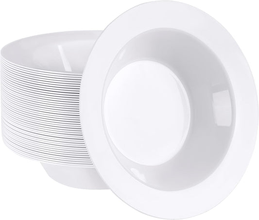 SETUP [12 oz. - 50 Piece White Plastic Bowls, Disposable Plastic Soup Bowls - Premium Heavy-Duty Dessert Bowls for Wedding, Party and All Occasions