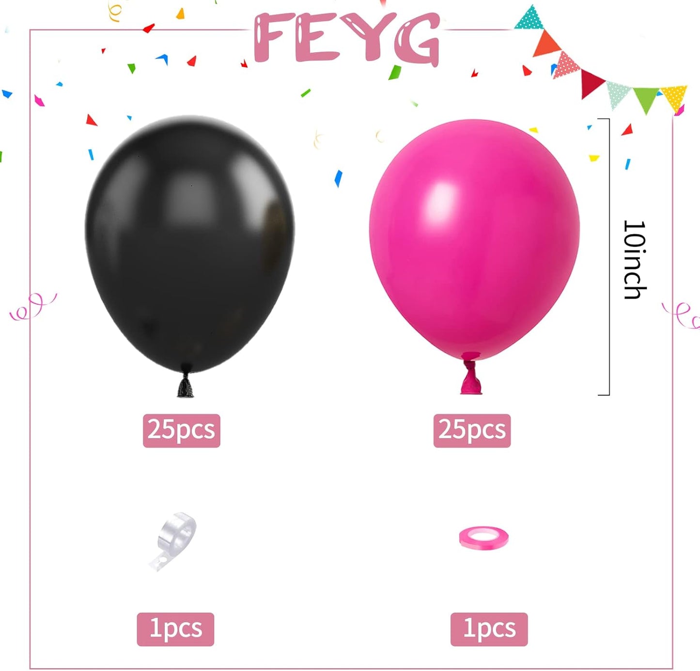 Black and Hot Pink Balloons, 50PCS Balloon Arch Kit for Birthday, Wedding, Baby Shower, Engagement DIY Hula Hoop Decoration Party Supplies