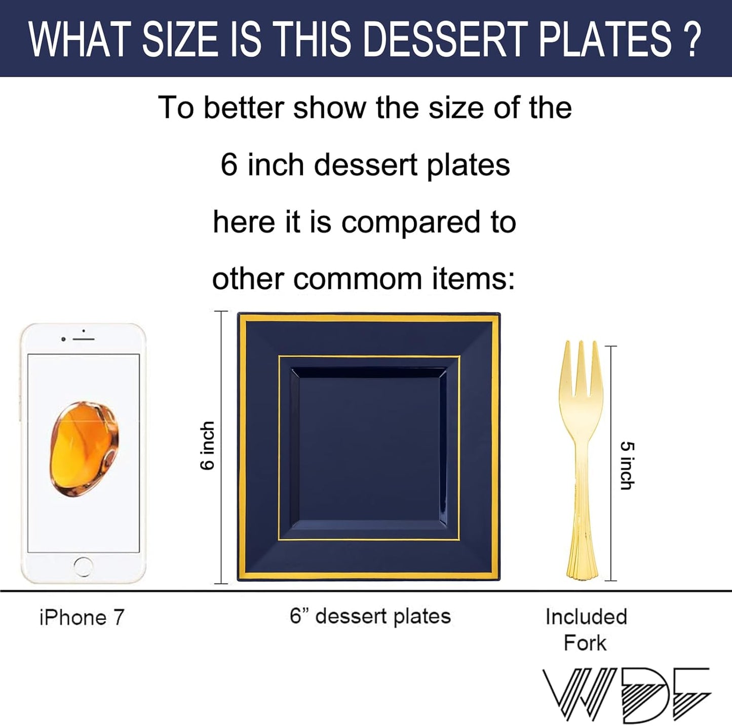 WDF 200PCS Blue Plastic Dessert Plates with Plastic Forks -6’’ 100 Square Disposable Appetizer Plates Small Cake Plates with Gold&100 Navy Blue Small Appetizer Forks