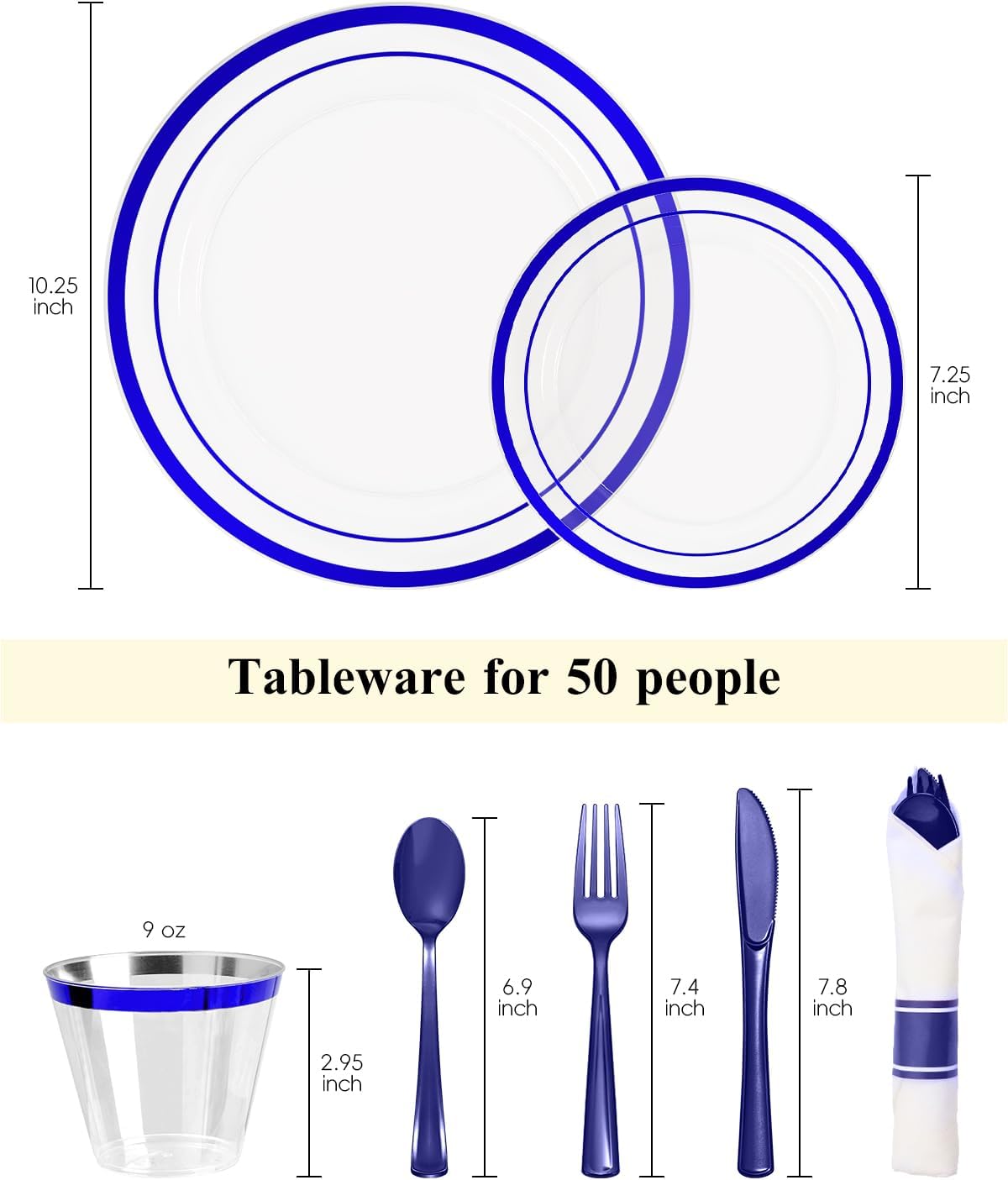 Goodluck 350 Piece Blue Plastic Plates, Clear Plastic Silverware Disposable Plates Set, Include 100Plates, 50Pack Pre Rolled Napkins with Silverware, 50Cups for Party, Wedding, Graduation