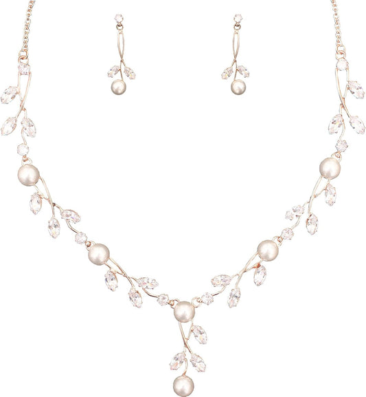 Luxury Cubic Zirconia Aurtrian Crystal Pearl Floral Necklace Dangle Earrings Wedding Bridal Jewelry Set Birthday Gifts for Her