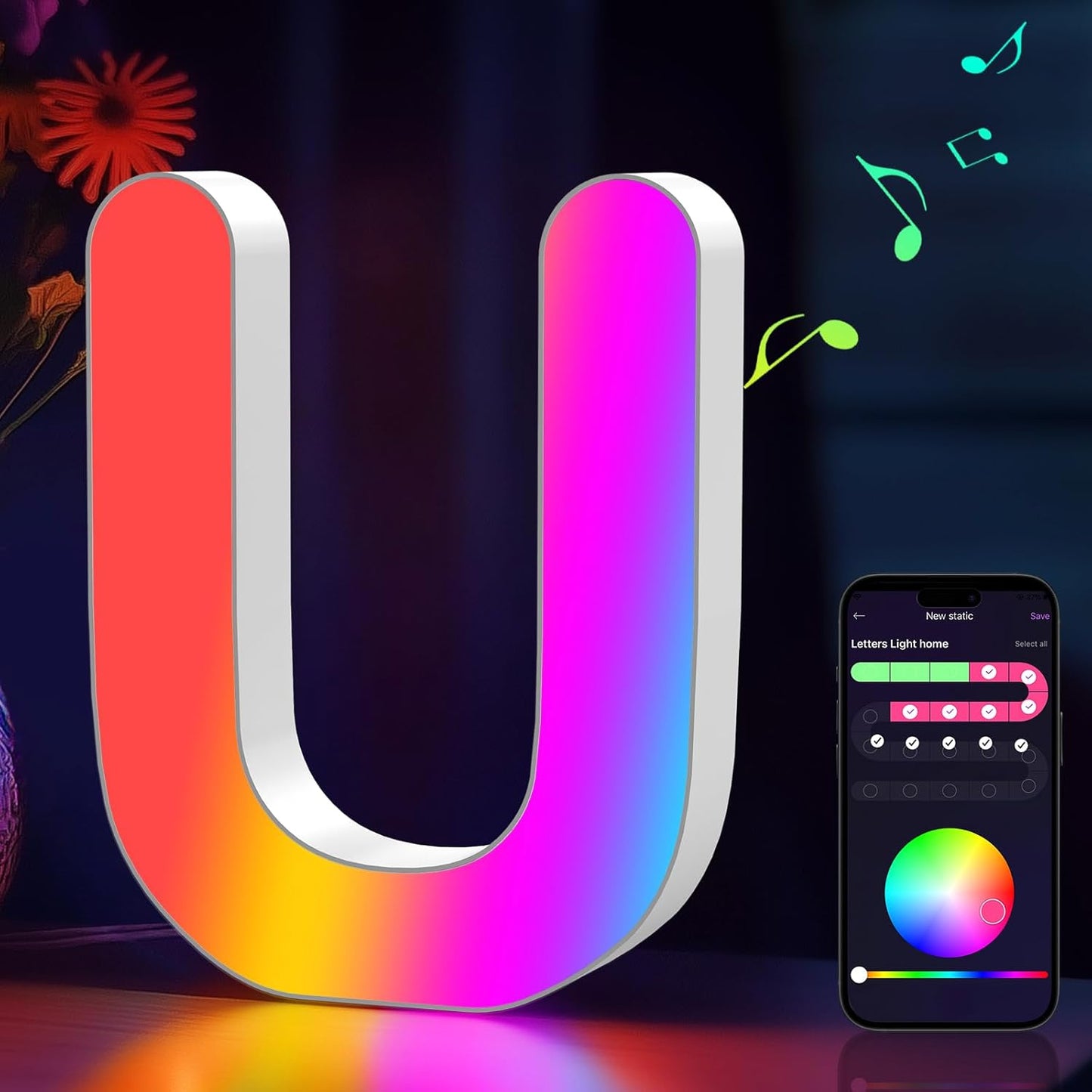 Light Up Letters Marquee Letter - Music Sync RGB Color Changing LED Lights Letter Logo Game Lights for Girls Women Party Birthday Christmas Valentine's Day Wall Desktop Decoration (MRGB-U)