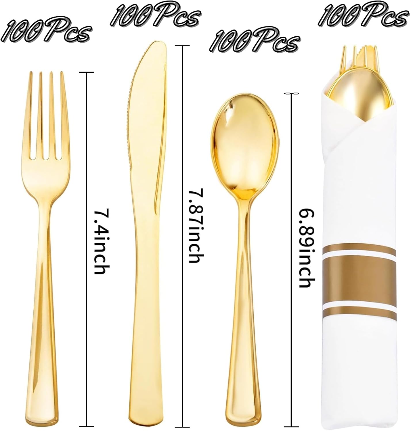 Liacere 100Pack Pre Rolled Gold Silverware and Napkin-Disposable Gold Plastic Utensils-Wrapped Plastic Cutlery Set with Napkin:100 Forks,100 Knives,100 Spoons,100 Napkins for Wedding&Thanksgiving