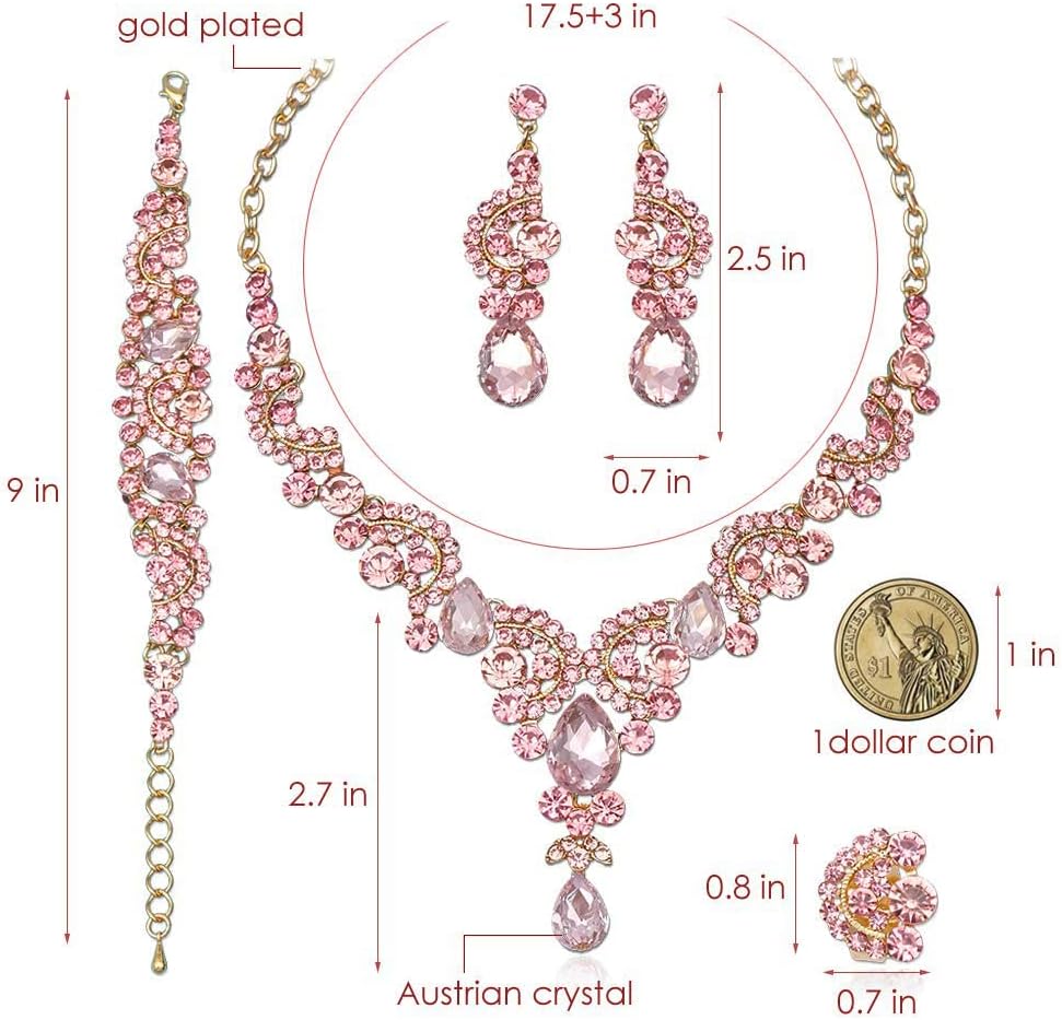 CSY Elegant Crystal Necklace Earrings Bracelet Ring Bridal Wedding Party Costume Jewelry Sets for Brides Women