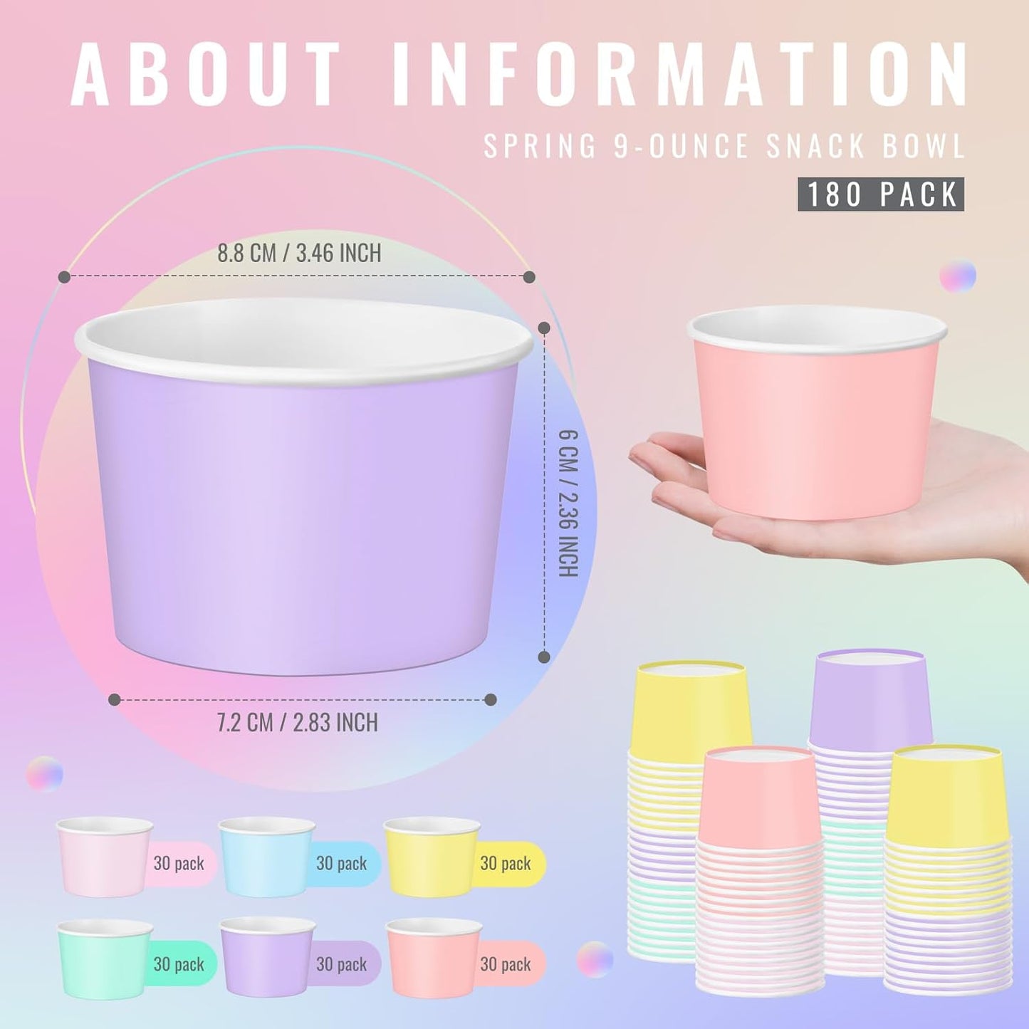 Paper Ice Cream Cups 9oz Colored Disposable Dessert Bowls for Hot or Cold Food Party Cups for Birthday Baby Shower Easter Party Supplies(Pastel Color,180 Pcs)