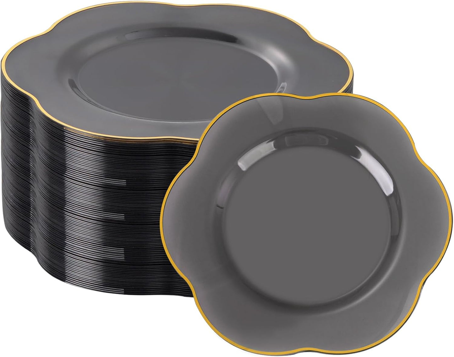Liacere 100PCS Durable Plastic Plates-Gray Plastic Plates with Gold rim-100PCS Gray Dinner Plates, Perfect for Wedding & Party & Holiday
