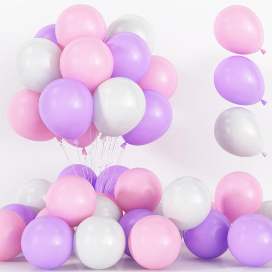 Pink and Purple Balloons, 75 Pack Pastel Purple Pink and Matte White Latex Balloons, Pink Purple Macaron Helium Balloons for Girls Birthday Wedding Baby Shower Christening Engagement Party Decorations