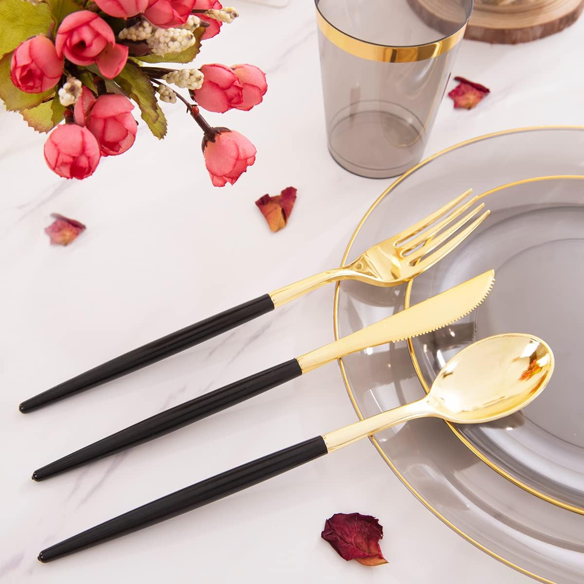 Supernal 180pcs Black Plastic Dinnerware Set Include Gold and Black Plates,Clear Disposable Plates,Gold Plastic Silverware，Clear Cups Suit for Party, Birthday