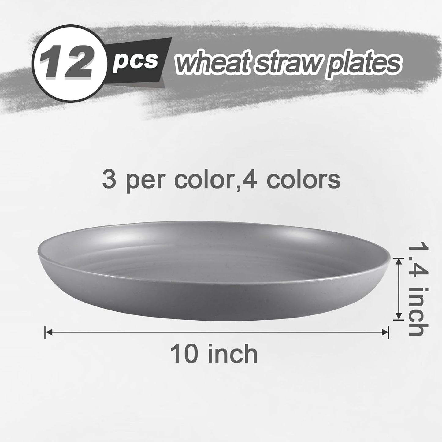 12 Pcs Unbreakable Deep Dinner Plates Set, 10 inch Reusable Plastic Wheat Straw Plates, Microwave and Dishwasher Safe Plate for Kitchen, Lightweight Plate for Dessert, BPA Free, 4 Colors