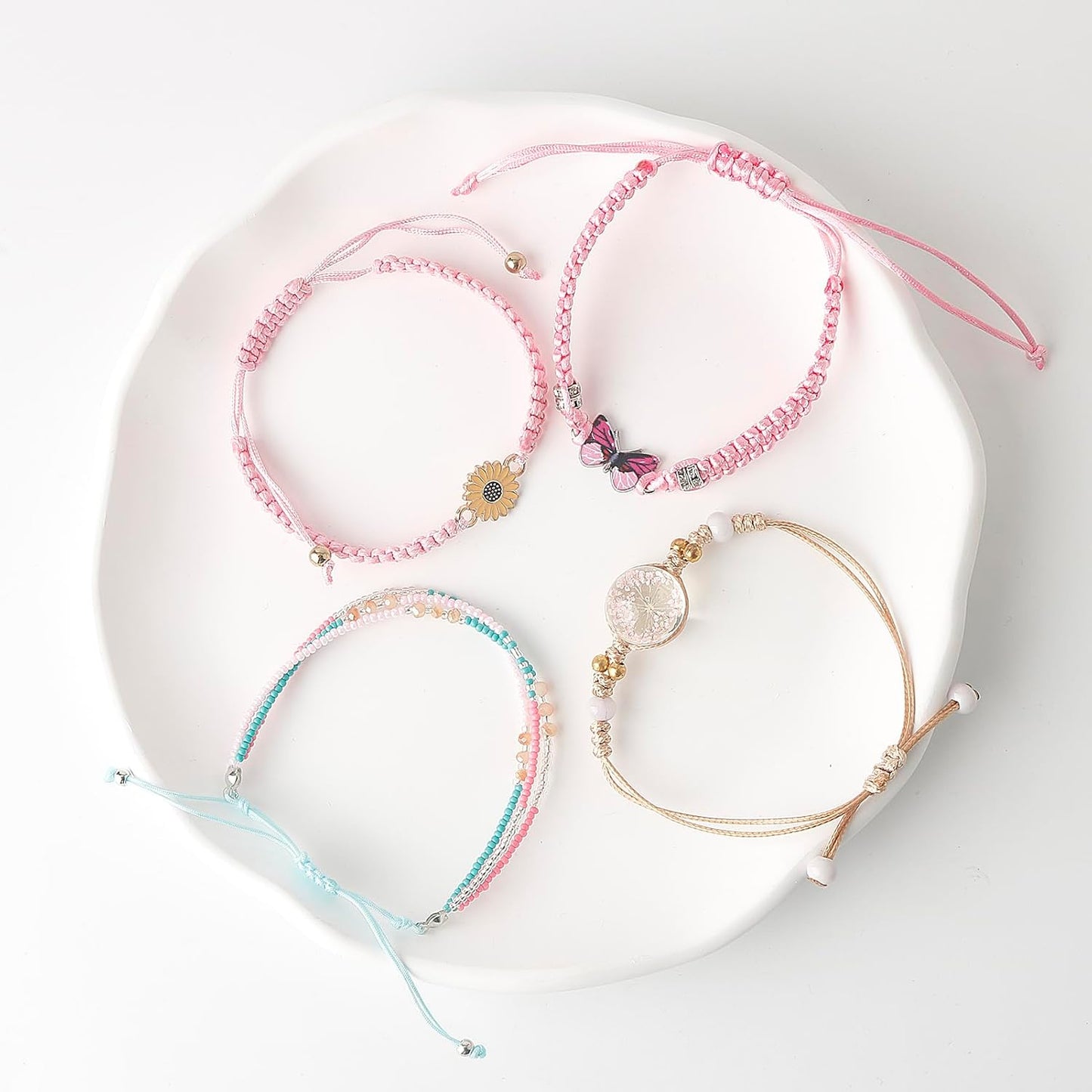 DS 4PCS String beads Charm Bracelets for Teen Girls Dainty cute cartoon Butterfly Daisy Eternal flower Beads Bracelets set for woman and girls Adjustable Stretch bracelet birthday Gift For Friends