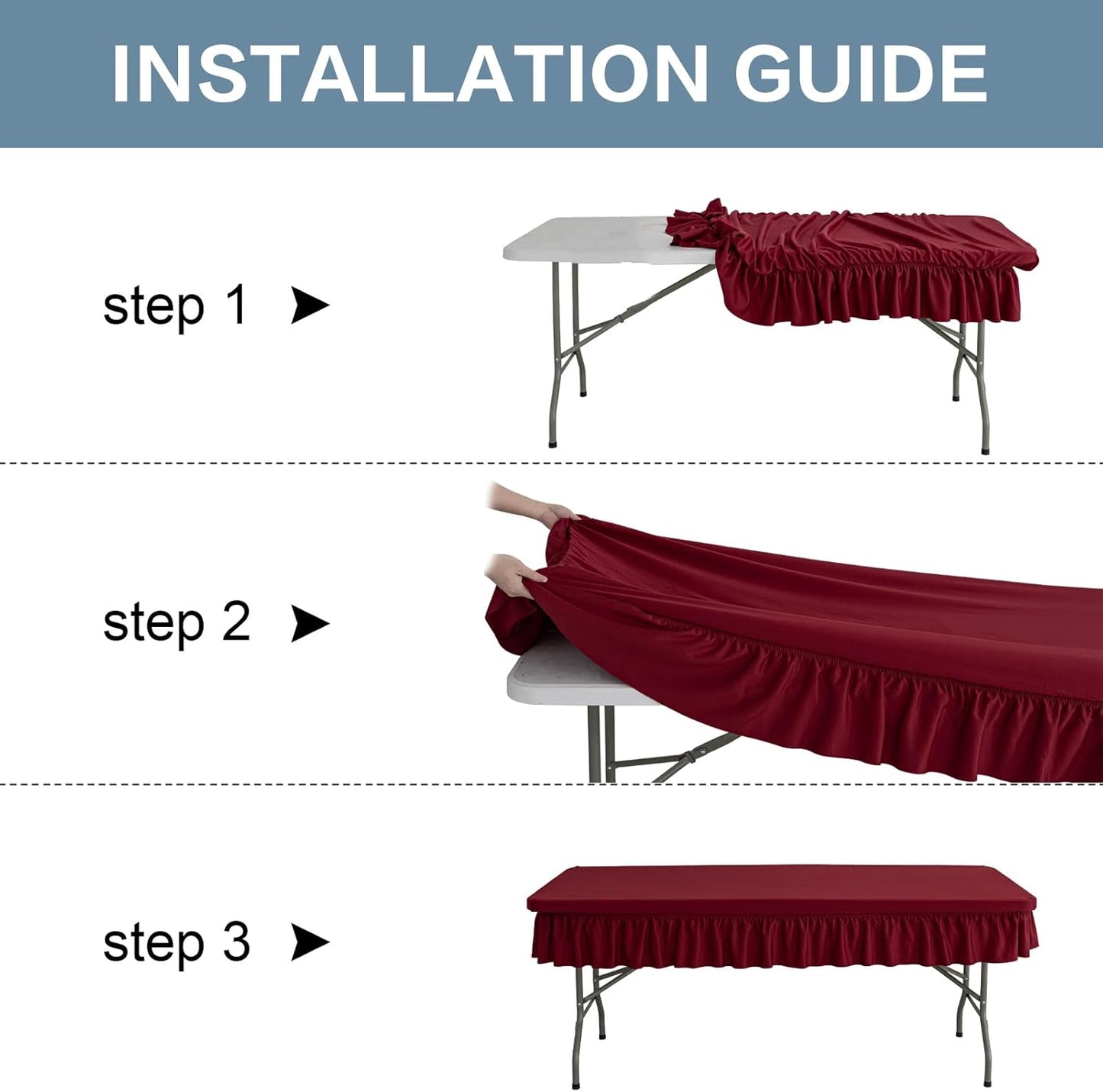 8ft Wine Red Stretch Tablecloth for Rectangular Tables - Flared Wrap Design, Waterproof, Wrinkle-Resistant, Washable - Ideal for Weddings, Parties, Banquets & Table Protection