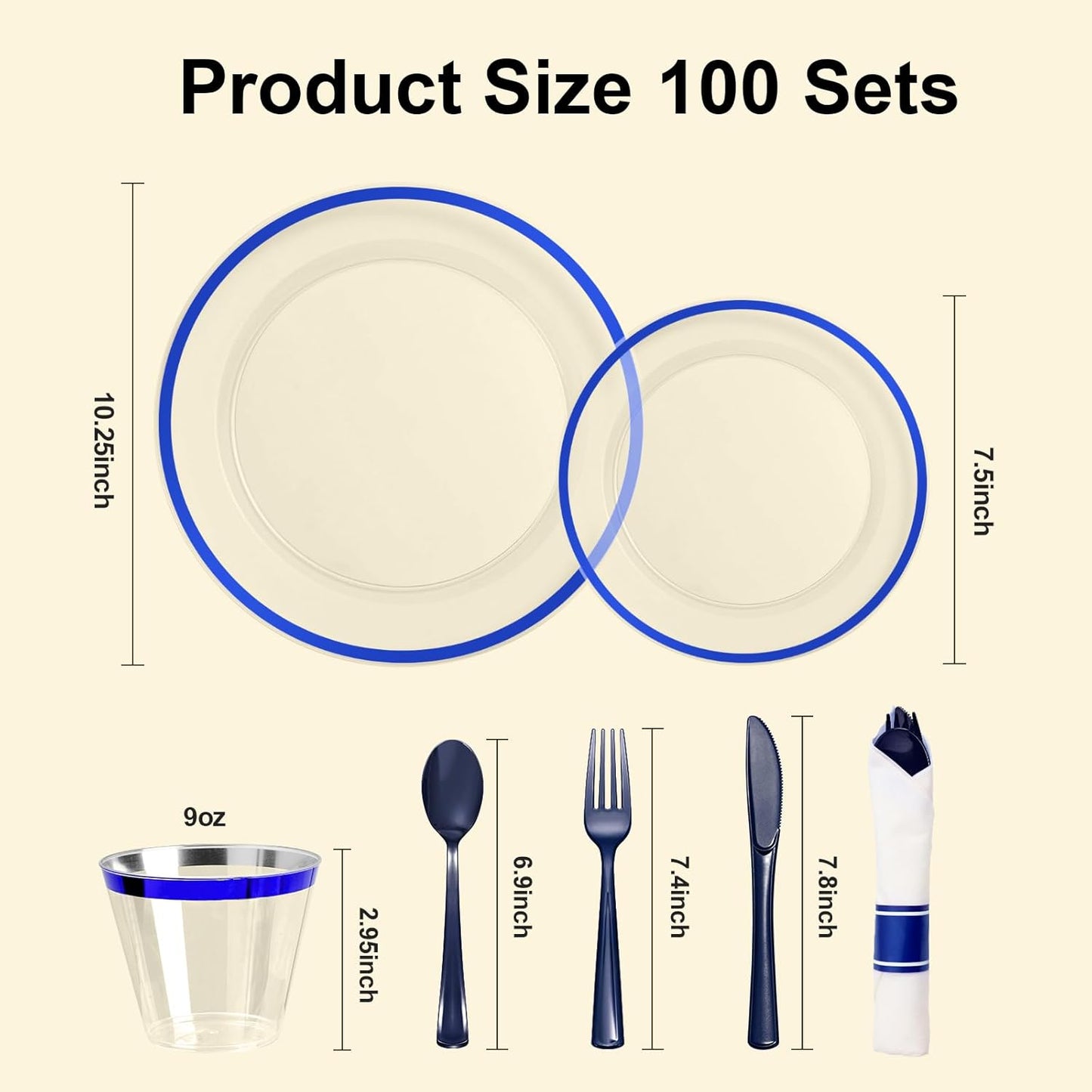 700PCS Clear Blue Disposable Plastic Dinnerware Set for 100 Guests, 200 Plastic Plates, 100 Cups, 100 Pre-Rolled Napkins with Cutlery for Party, Birthday, Christmas, Wedding, Thanksgiving, Halloween