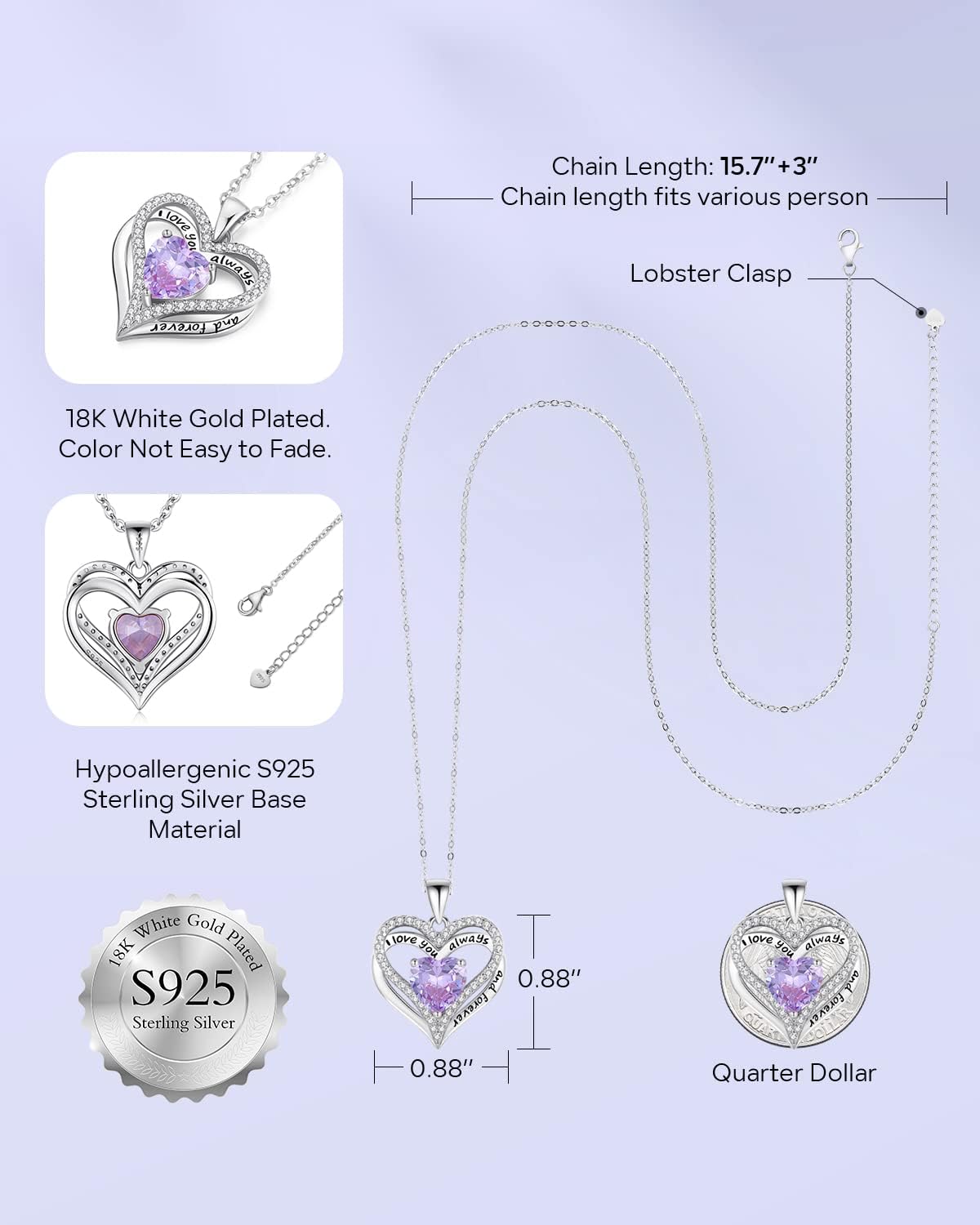 S925 Sterling Silver Necklace for Women, Wife Jewelry Rose Gold, Mom Birthday Valentines Mothers Day Gifts, Girlfriend Necklaces, Daughter Heart Jewel, Anniversary for Her