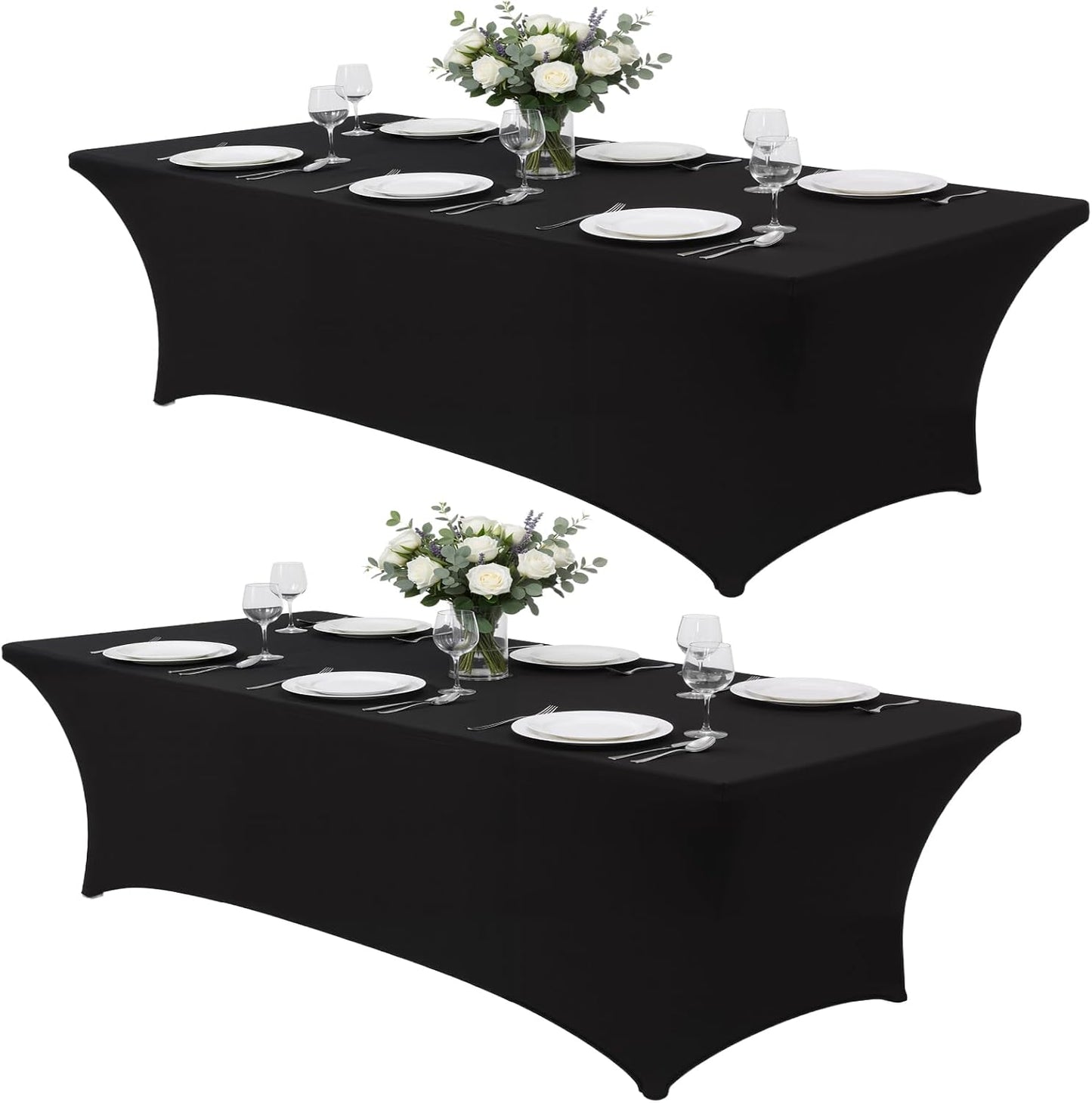 Black Tablecloths 96x30 Inch Table Cloths for 8 Foot Rectangle Tables, Wrinkle Resistant Washable Rectangular Spandex Fabric Table Cover for Vendor Dining Wedding Banquet Camping Party - 2 Pack