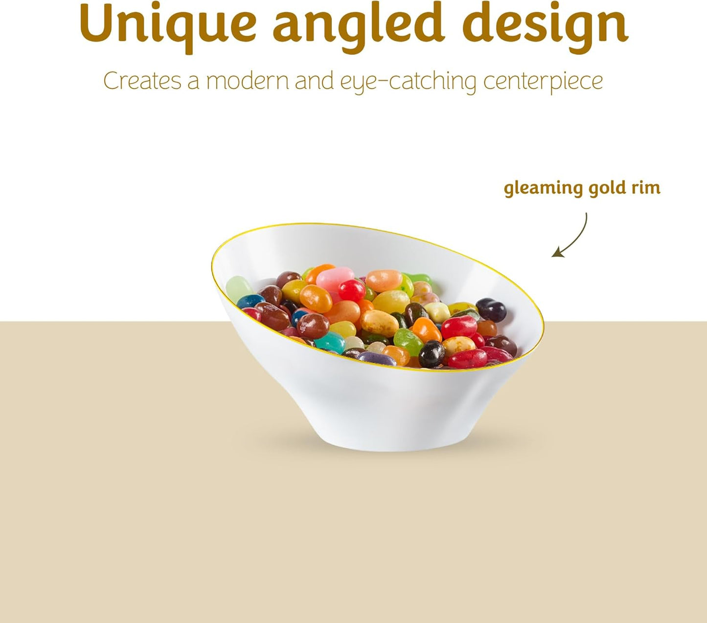 PLASTICPRO Angled Plastic Bowls Disposable Small Plastic White Serving Bowls with Gold Rim for Party for Appetizer Salads Pack of 8