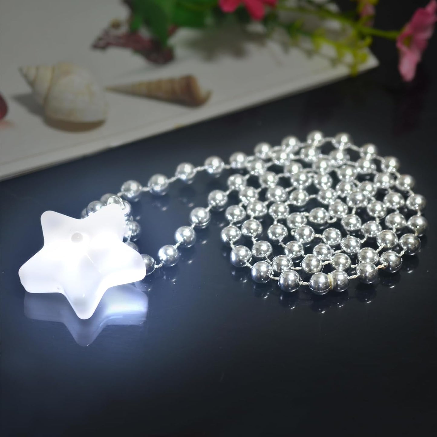 6 Pack Glow White Necklace Beaded Necklaces with Light Up Star for Halloween Christmas Decorations Mardi Gras Party Favors