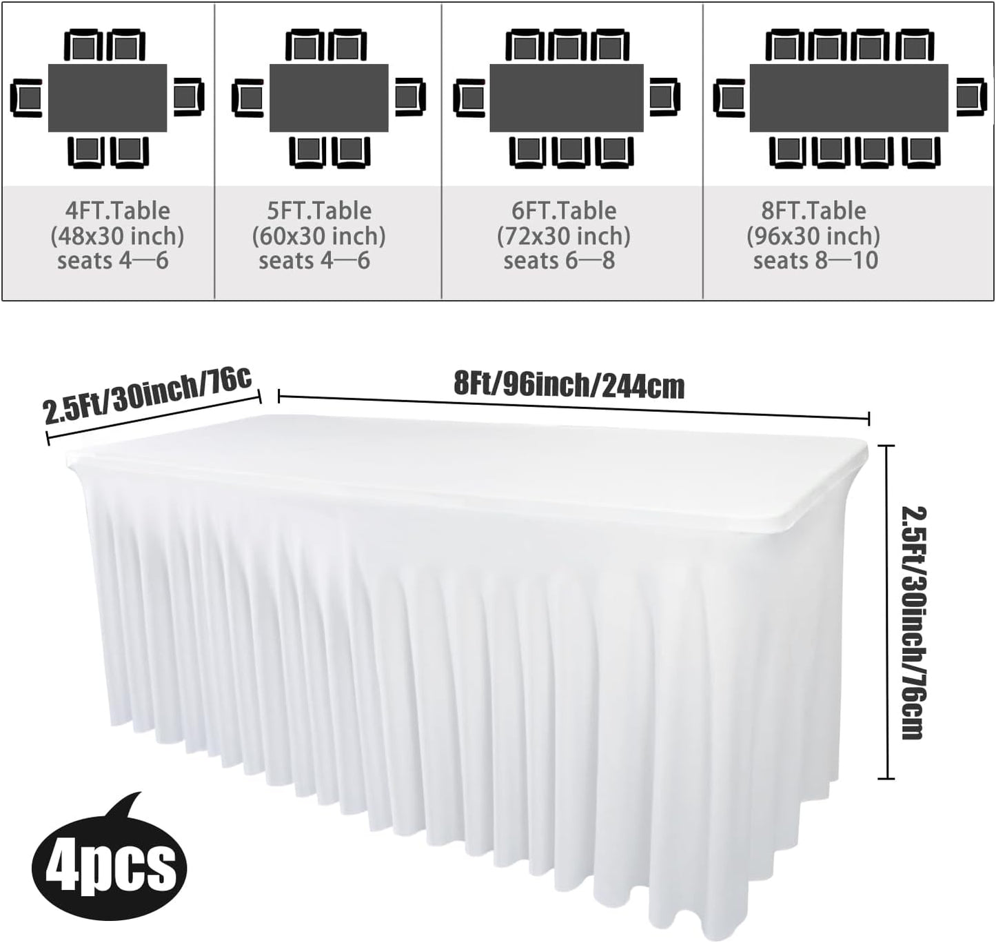 4 Pack - White Spandex Table Skirt for 8ft Tables (96" L x 30" W x 30" H) | Stretch, Washable & Wrinkle-Resistant Fitted Cover | Banquet, Birthday Party Decor