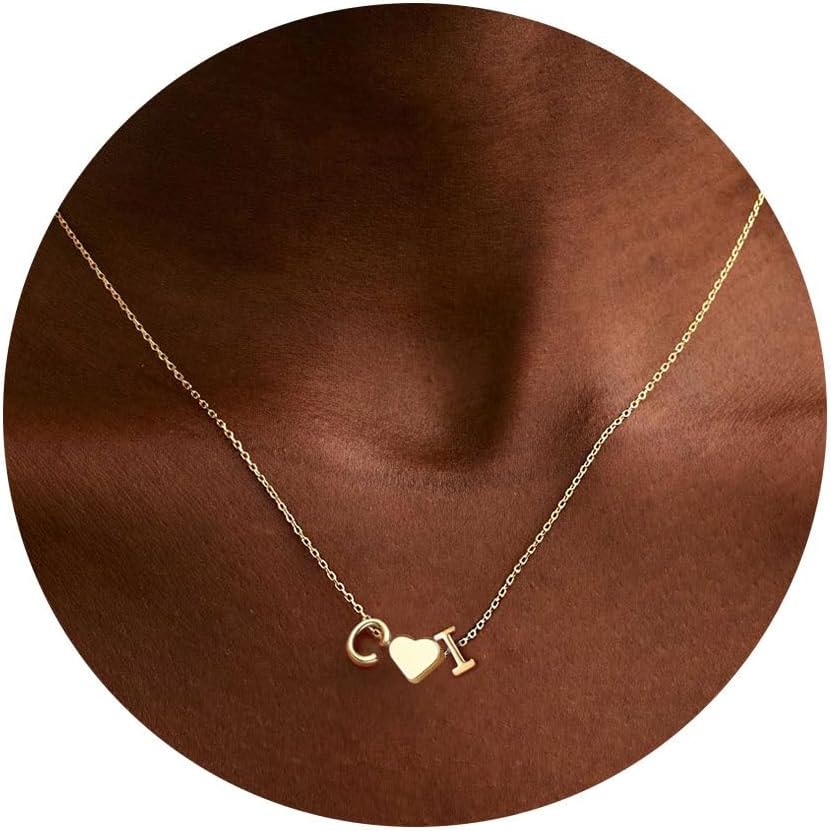 Turandoss Heart Initial Necklace for Women Teen Girls, 14K-Gold-Plated Dainty Letter A-Z Initial Necklace with Heart, Personalized Jewelry Birthday Gifts for Women