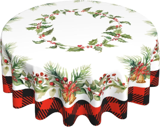 Giwawa Christmas Round Tablecloth for Kitchen Dining, 60Inch Xmas Holly Berries Bells Bows Table Cloth, Red Black Buffalo Plaids Non-Slip Table Cover for Holiday Picnic Tabletop Decor