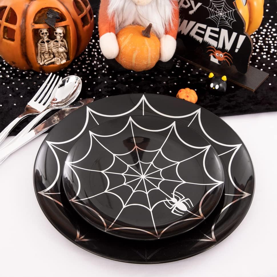 NOCCUR 60PCS Halloween Plastic Plates - 30 Black Dinner/Dessert Plates - Ideal for Halloween Party