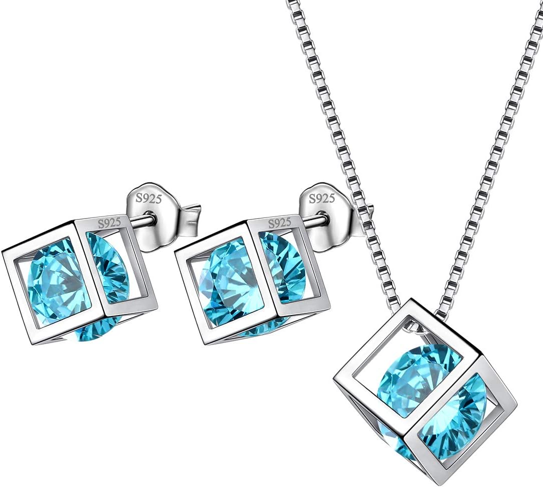 Aurora Tears Birthstone Necklace/Earring 925 Sterling Silver Women Cross/3D Cube/Cresent Moon Birth Stone Jewelry Mens Birthday Gift Anniversary Present
