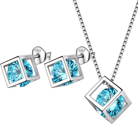Aurora Tears Birthstone Necklace/Earring 925 Sterling Silver Women Cross/3D Cube/Cresent Moon Birth Stone Jewelry Mens Birthday Gift Anniversary Present