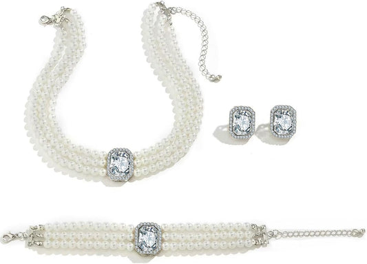 la luen Pearl Bride Wedding Jewelry Set Faux Pearls Crystal Rhinestone Necklace Earrings Bracelet Sets for Women Bridesmaid(3 PCS)