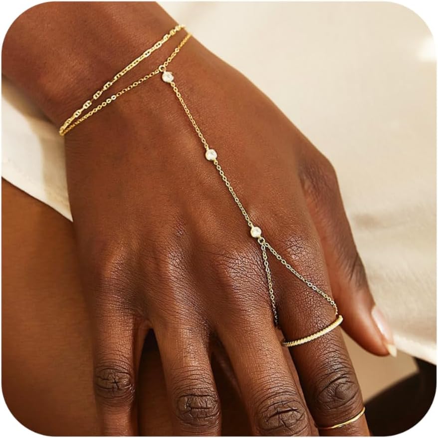 Listine Hand Chain Bracelet 14K Gold Plated Ring Bracelet Hand Chain Trendy Stuff for Women Dainty Hand Bracelets with Finger Ring Hand Jewelry for Women