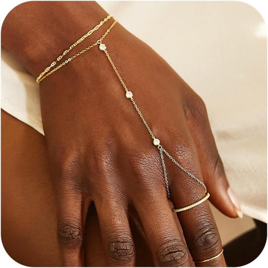 Listine Hand Chain Bracelet 14K Gold Plated Ring Bracelet Hand Chain Trendy Stuff for Women Dainty Hand Bracelets with Finger Ring Hand Jewelry for Women