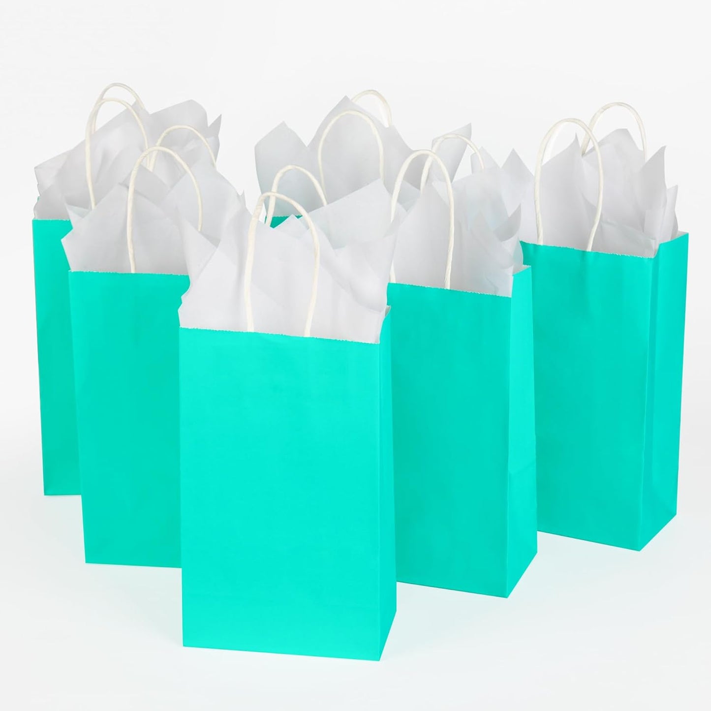 DjinnGlory 24 Pack Small-Sized Teal Paper Bags 9x5.5x3.15 Inches with 24 White Tissue Paper, Aqua Blue Bags with Handles for Wedding Bridal Shower Birthday Party Favors Goodies, Christmas Gifts