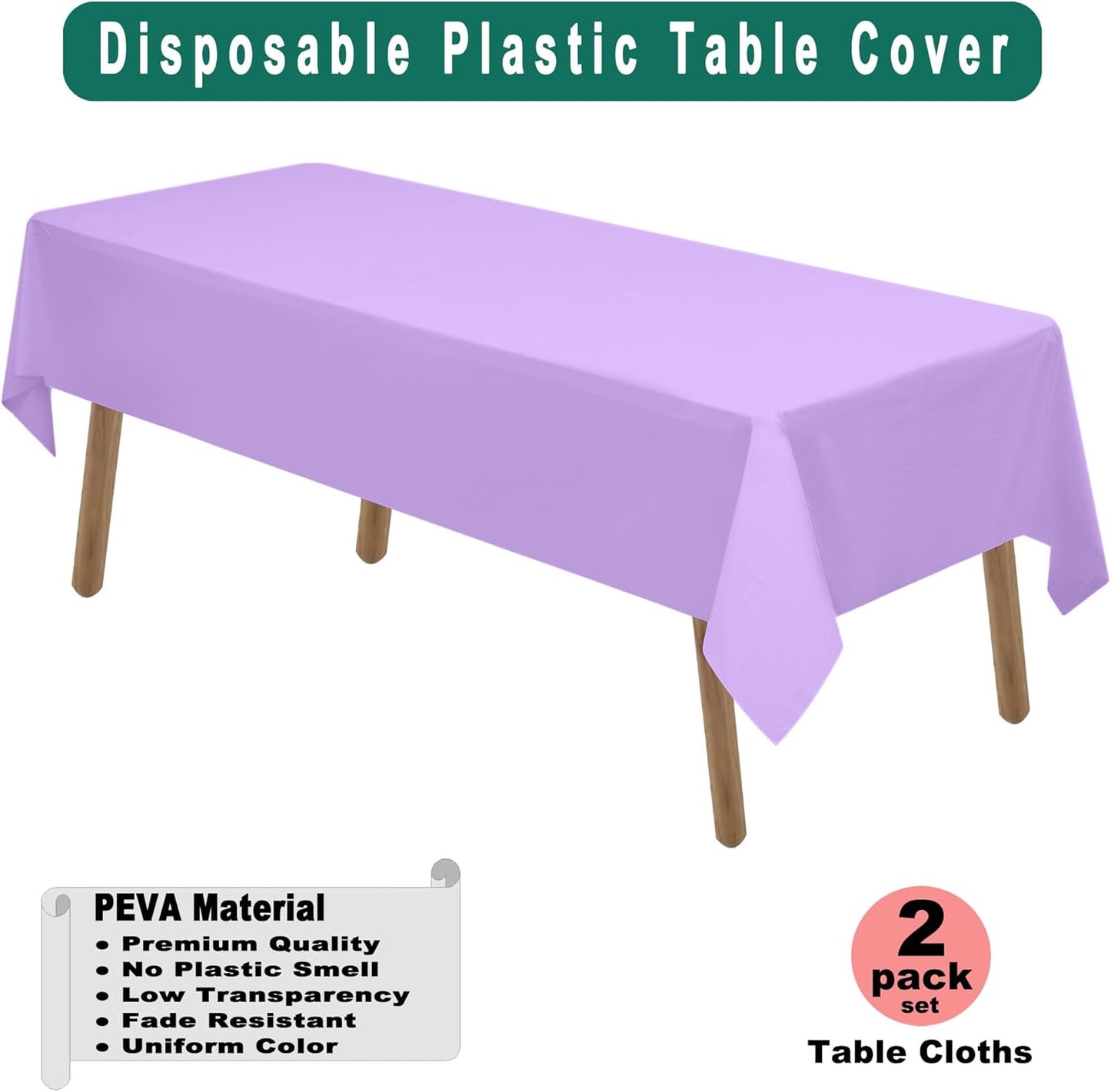 Lavender Plastic Tablecloths 2 Pack Lilac Disposable Table Covers 54 x 108 Inch. Bridal Shower Party Tablecovers PEVA Mauve Table Cloths for BBQ Birthday Wedding Parties 8 ft Rectangle Table Use