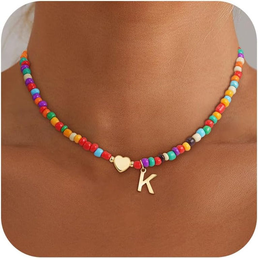 Christmas Gifts for Grandkids Teens Girls - Colorful Beaded Initial Necklace Teen Girl Gifts Trendy Stuff Dainty Letter Choker Necklace Stocking Stuffers for Teen Girls Women Jewelry