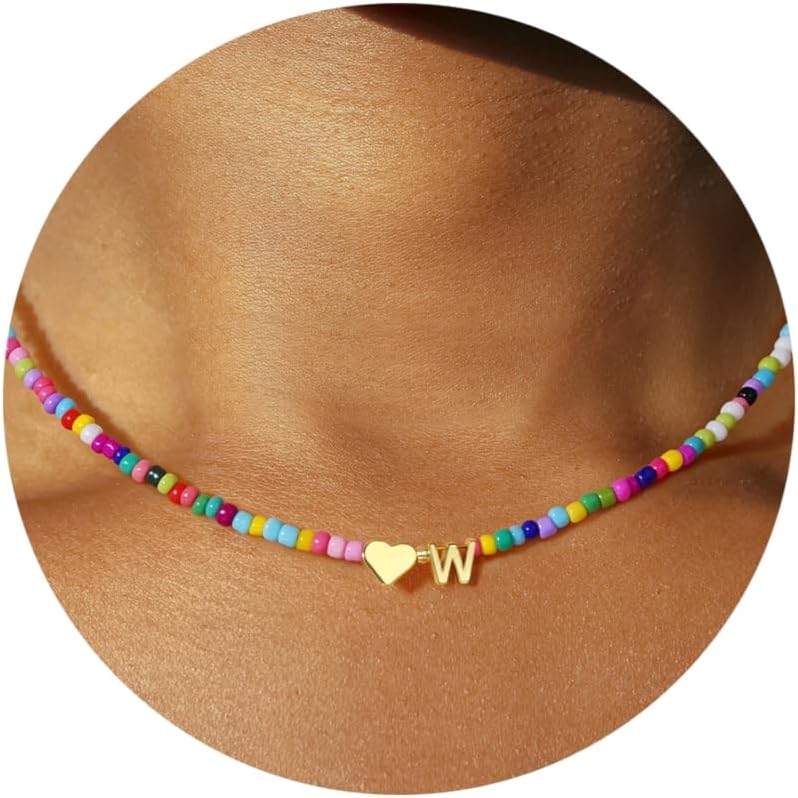 Turandoss Colorful Beaded Initial Necklaces for Women Girls, 14K-Gold-Plated Heart Letter A-Z Pendant Dainty Summer Jewelry Personalized Birthday Gifts for Teen Girls