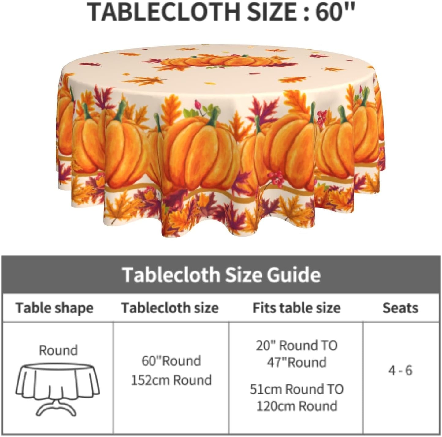 Giwawa Autumn Fall Tablecloth Round 60Inch Pumpkins Maple Leaves Decorative Circle Heat Resistant Washable Polyester Thanksgiving Table Cover for Kitchen Dining Picnic Holiday Indoor Outdoor Party