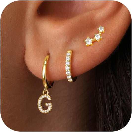 Gold Earrings for Women Girls - 3 Pairs Gold Huggie Hoop Earrings for Girls with Initial Dangle Cartilage Earrings Studs Hypoallergenic Earring Set for Multiple Piercing Gifts for Women Girl