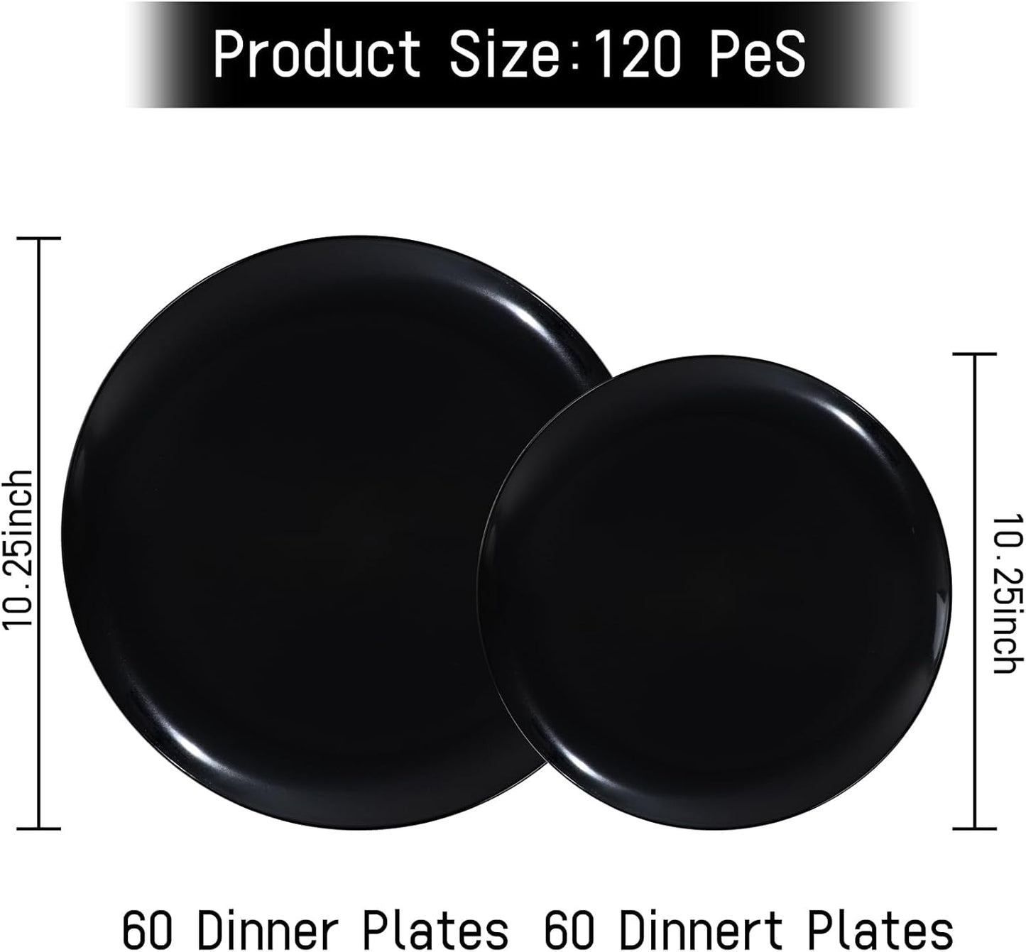 LIYH 120 Pcs Black Plastic Plates Heavyduty - Halloween Plates Disposable Plate Dishes for Party Wedding Includes 60 Dinner 10.25" & 60 Dessert Plate 7.5" for Halloween Day