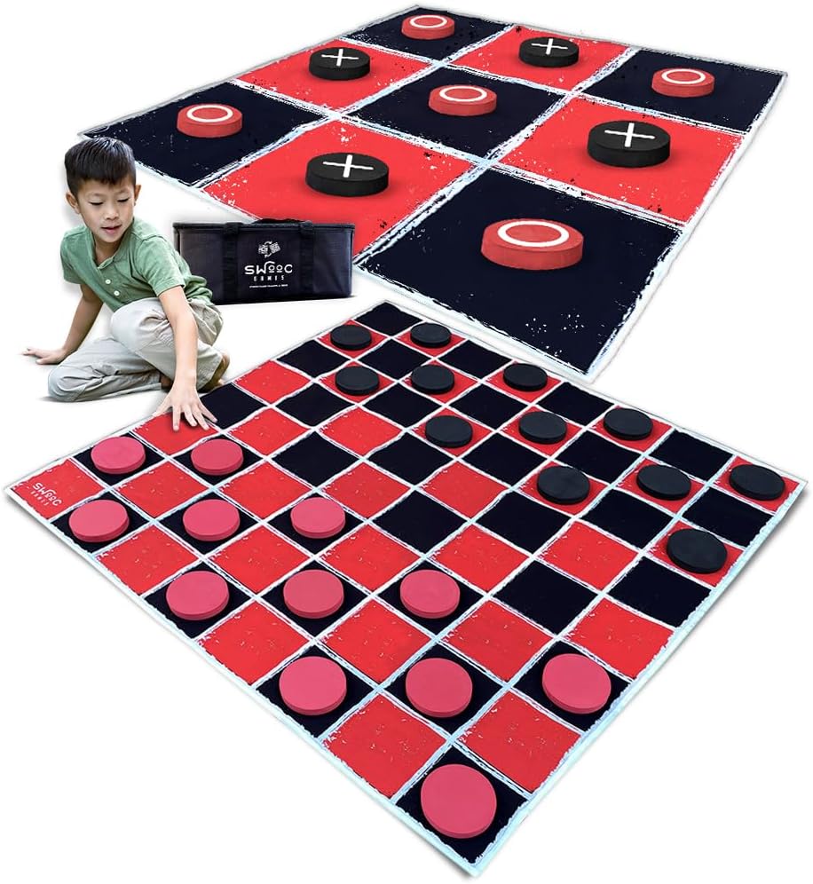 Swooc Games® - 2-in-1 Vintage Giant Checkers & Tic Tac Toe Game W/Mat (4ft x 4ft) - 100% Machine-Washable Canvas - Giant Outdoor Games for Kids - Yard Game for Kids - Jumbo Lawn Set - Large Checkers
