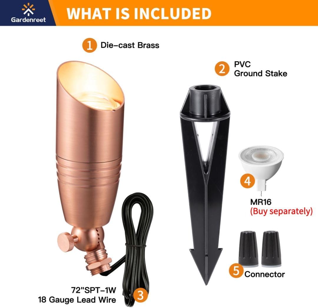 Gardenreet Brass Landscape Lighting - Low Voltage Spotlights Outdoor LED, 12V Wired Uplights, Waterproof Spot Lights, Copper for Outside Trees Without MR16 Bulb (4 Pack)