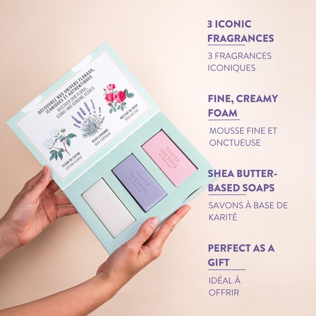 Panier des Sens - Bar Soap Gift Set for Women - Cotton, Rose, Lavender Soap Bars - & Birthday Gifts for Her - Hand & Body Soap Bars with Shea Butter - 97% Natural Ingredients - 3x3.5oz