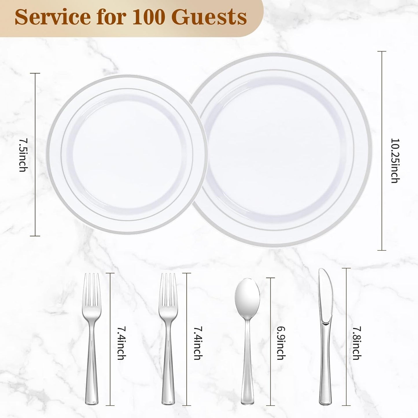 BESTVIP 600PCS Silver Plastic Plate Set (100 Guests), Disposable Plates for Party Wedding Birthday, Dinnerware Set of 200 Plastic Plates, 200 Forks, 100 Spoons, 100 Knives for Christmas