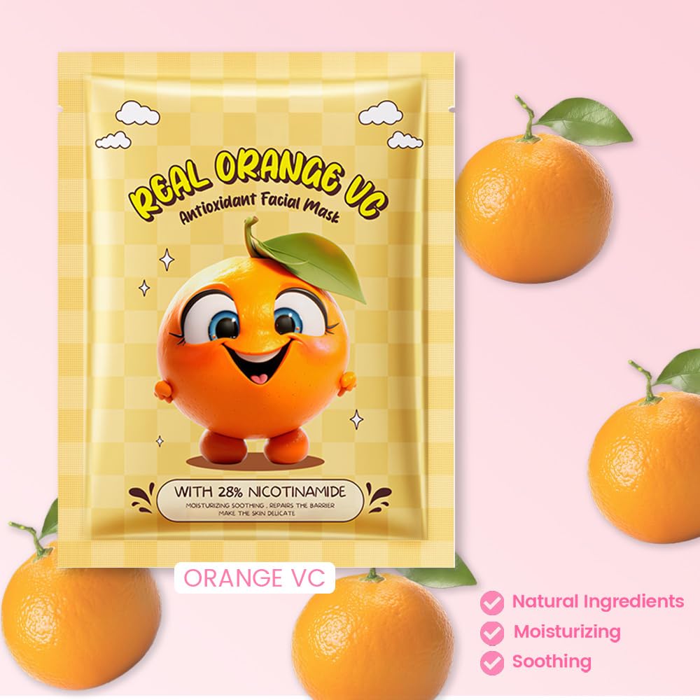 Kaely 10 Pack Orange Face Masks for Kids, Kids Face Mask Spa Day Kit Supplies, Spa Party Favors for Teens Girls Women, Sheet Facial Mask Skincare Gifts Set, Moisturize Soothe for All Skin Types, 05