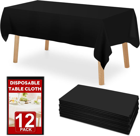 12 Pack Black Plastic Table Cloths Disposable, 54 x 108 Inches Plastic Table Cover for Rectangle Tables, Disposable Tablecloth for Dinning, Parties, BBQ, Wedding, Outdoor