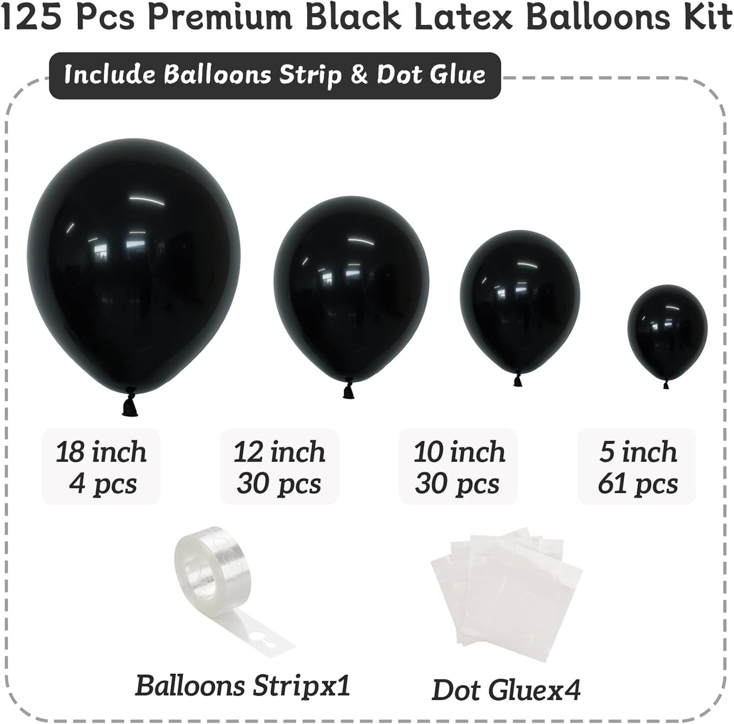 Black Balloons 125 Pcs Different Sizes Pack of 18 12 10 5 Latex Balloons for Birthday Party Black Balloon Arch Kit Garland Graduation Halloween New Year Anniversary Decoration
